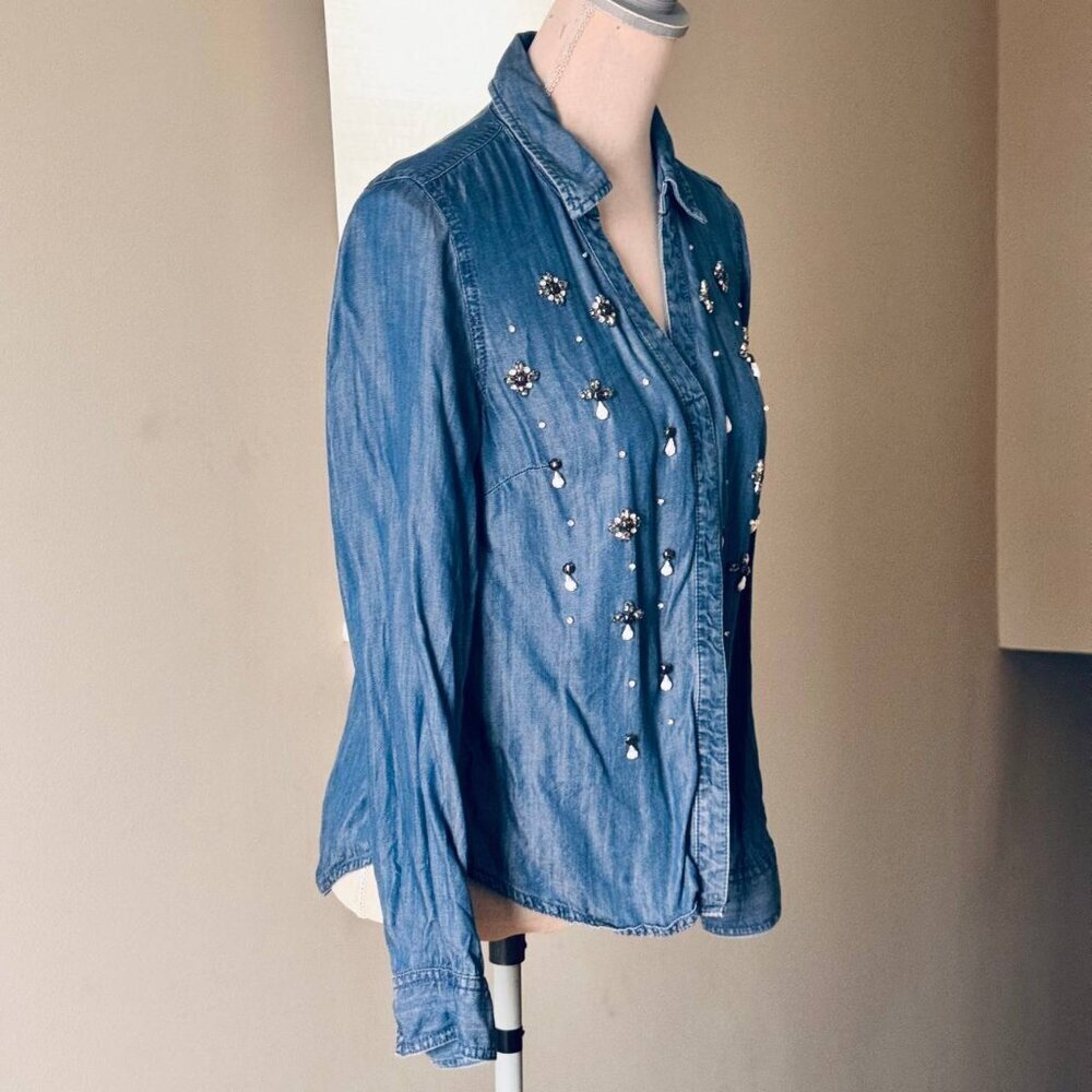INC Unique Beaded Denim Long Sleeve Shirt - Size 4. - Picture 5 of 8